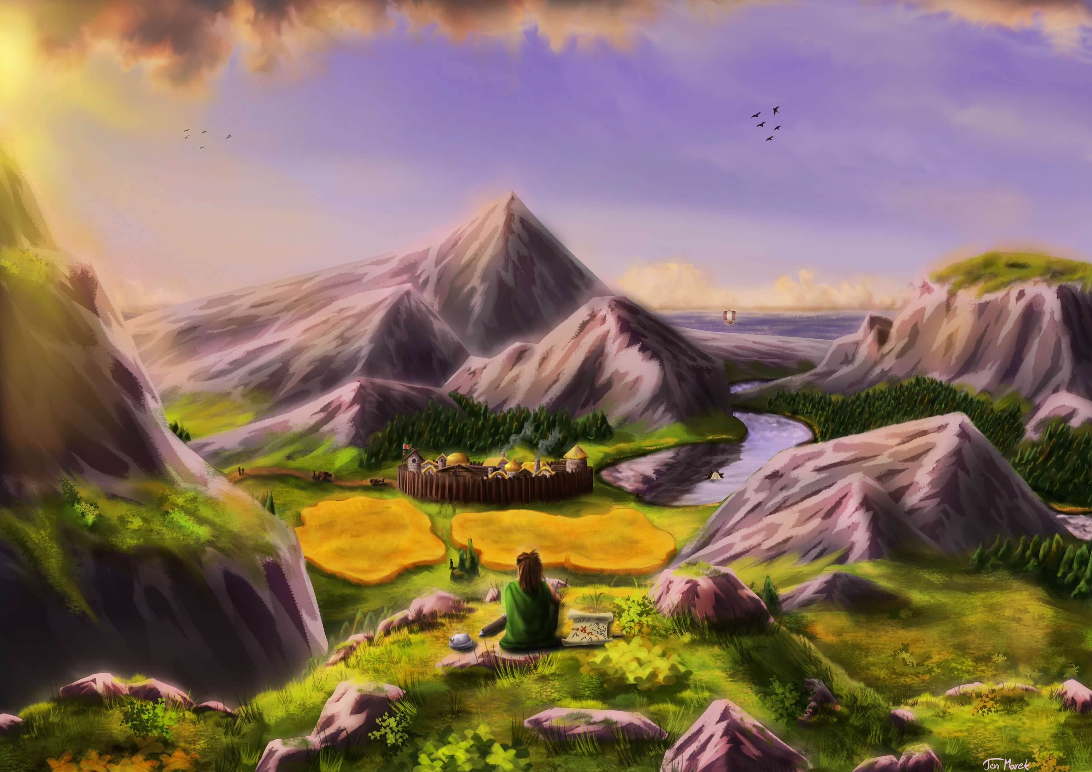 mountains, a village and a green land